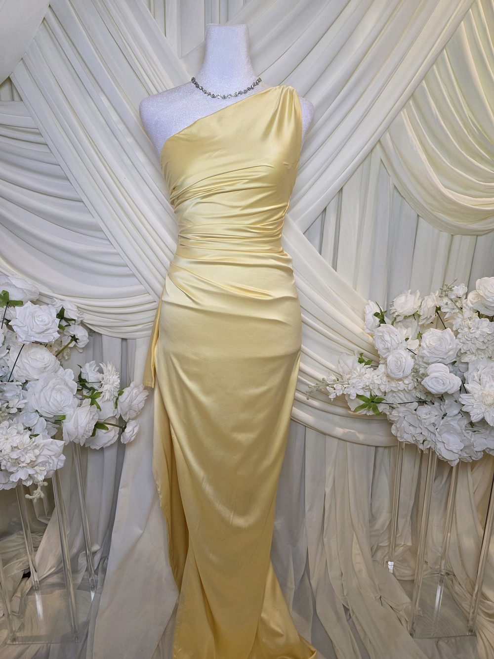One-Shoulder Pale Yellow Satin Maxi Dress